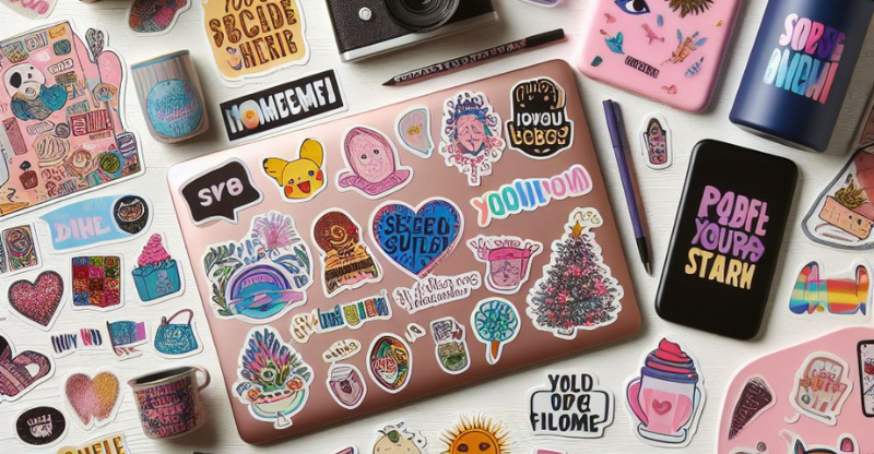 This image showcases the charm of personalization. It features a unique item adorned with custom stickers, adding a touch of individuality and creativity. The stickers, each with their distinct design, enhance the item’s appeal, making it not just a possession, but a reflection of personal style and expression.”