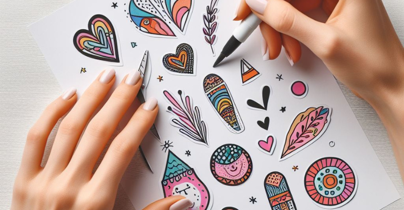 This series of images showcases the process of creating paper stickers. It begins with the selection of quality paper, followed by the design phase where unique and creative patterns are drawn.